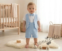 Комплект за момче в синьо от къси панталонки тип гащеризон, елек, папийонка и ризка в бяло с къс ръкав