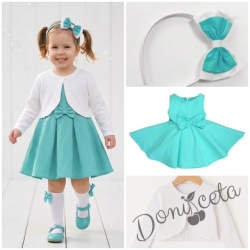 Комплект от 3 части-детска рокля клош в тюркоаз Вилина, диадема и болеро