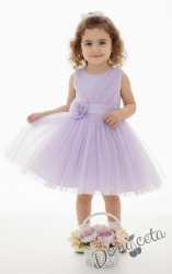 Официална детска/бебешка рокля в лилаво с тюл и  коланче с цвете на талията