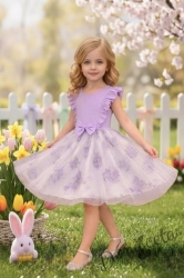 Ежедневна рокля с дълъг ръкав в лилаво с къдрички и тюл в долната част