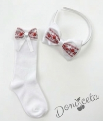 Комплект от ръчно изработена диадема и чорапи с фолклкорни/етно мотиви в бяло и червено