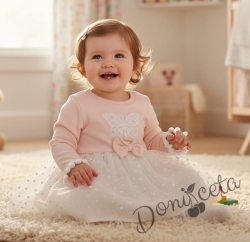 Бебешка ежедневна рокля с дълъг ръкав в прасковено с пеперуда и тюл