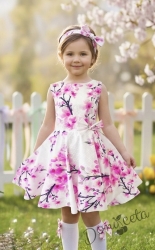 Детска памучна рокля в бяло с цикламени орхидеи тип клош  Вилина