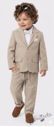 Спортно-елегантен комплект от за момче от 4 части в бежово - риза в бяло, сако с джобове, панталон с връзки и папийонка