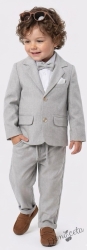 Спортно-елегантен комплект от за момче от 4 части в светлосиво - риза в бяло, сако с джобове, панталон с връзки и папийонка