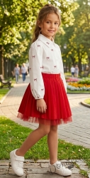 Комплект за момиче от риза в бяло с червени панделки и плисирана пола в червено Габи