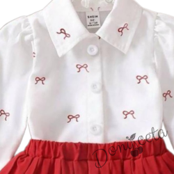 Комплект за момиче от риза в бяло с червени панделки и плисирана пола в червено Габи 2