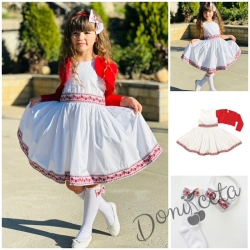 Комплект от детска народна носия-рокля без ръкав с фолклорни и етно мотиви с болеро, чорапки и дадема