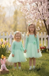 Детска официална рокля с дълъг ръкав в тюркоаз /мента с дантела и тюл Крис