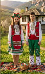 Дамска/детска народна носия трибагреник- риза в бяло, пола в зелено, елек в червено и престилка в червено с фолклорни/етно мотиви   