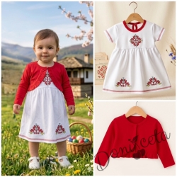 Комплект от бебешка рокличка с къс ръкав с фолклорни/етно мотиви за момиченце и болеро в червено