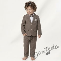 Спортно-елегантен костюм ТЕРИ за момче от 4 части в кафяво - ризка в бяло, сако с джобове, панталон с връзки и папийонка