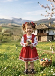 Комплект от детска рокля в червено с фолклорни етно мотиви с ръкав и елек в червено