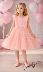 Официална или ежедневна детска рокля в прасковено с ефирен тюлен завършек