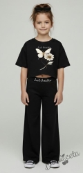 Комплект за момиче от блузка с къс ръкав в черно с пеперуда и цвете и панталон