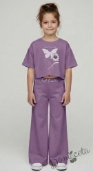 Комплект за момиче от блузка с къс ръкав в лилаво с пеперуда и панталон с широки крачоли