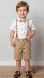 Летен официален комплект за момче от 4 части - ризка в бяло с къс ръкав и имитация на джоб, къси панталони, тиранти и папийонка в бежово 