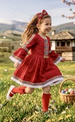 Детска етно рокля Ели в червено тип носия с ръкав до лакътя в бяло с шевица и фолклорни мотиви 