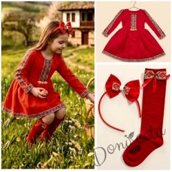 Комплект от детска етно рокля тип носия с ръкав до лакътя в червено с шевица с фолклорни мотиви , чорапки и диадема 