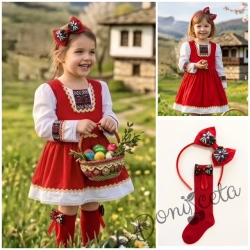 Комплект от детска етно рокля тип носия в червено с шевица с фолклорни мотиви , чорапки и диадема 