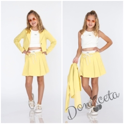 Комплект за момиче от 3 части-пола , бюстие и късо сако с дълъг ръкав в жълто