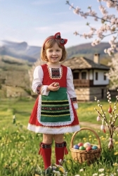 Детска етно рокля с дълъг ръкав в червено с фолклорни/етно мотиви тип народна носия с престилка в зелено