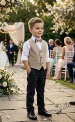 Официален костюм за момче с елек в бежово с едноредово закопчаване, риза в бяло, панталон в тъмносиньо и папийонка