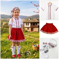 Комплект за момиче от 4 части- пола, риза с къс ръкав и къдрици с фолклорни/етно мотиви, чорапи и диадема