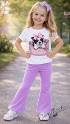 Комплект за момиче от  бяла тениска с куче и разкроен панталон в лилаво