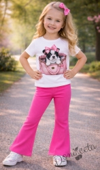 Комплект за момиче от  бяла тениска с куче и разкроен панталон в циклама