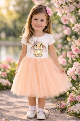 Бебешка или детска рокля в прасковено с зайче