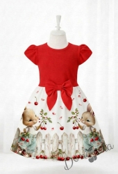 Детска ежедневна рокля в червено и бяло с зайчета