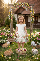 Детска ежедневна рокля с къс ръкав бяло с зайчета