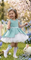 Детска памучна рокля Надежда в тюркоаз на точки с тюл в бяло