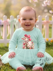 Бебешки комплект от две части от боди-рокля с дълъг ръкав и рипсен клин в тюркоаз с великденско зайче