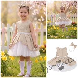 Комплект от 2 части- детска памучна рокля Надежда в бежово на точки с тюл, диадема за коса в синьо