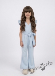 Елегантен детски дълъг гащеризон за момиче в светлосиньо с къдрички 