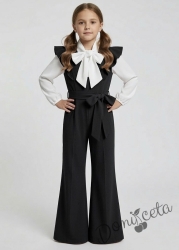 Комплект от елегантен детски дълъг гащеризон за момиче в черно с къдрички с блуза с панделка