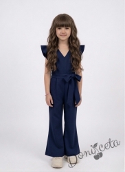 Елегантен детски дълъг гащеризон за момиче в тъмносиньо с къдрички 