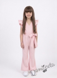 Елегантен детски дълъг гащеризон за момиче в розово с къдрички 