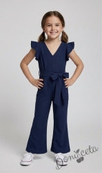 Елегантен детски дълъг гащеризон за момиче в тъмносиньо с къдрички 