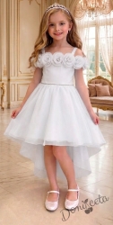 Официална детска рокля Вяра с деколте декорирано с обемни 3D рози в бяло