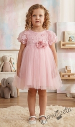 Нежна детска рокля с цветя и тюл в розово 