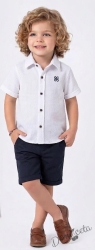 Летен комплект за бебе момче от 2 части - риза в бяло с копчета и тъмносини къси панталони
