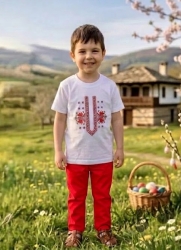 Комплект от 2 части - спортно-елегантен панталон в червено за момче и тениска с етно мотиви