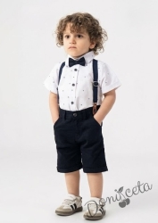 Комплект за момче от 4 части - риза в бял цвят с тъмносини орнаменти с къс ръкав, къси панталони и папийонка в тъмносиньо и тиранти 
