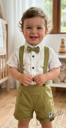 Комплект за момче от 3 части - риза в бяло с орнаменти с къс ръкав, къси панталони тип гащеризон и папийонка в маслинено зелено