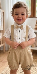 Комплект за момче от 3 части - риза в бяло с орнаменти с къс ръкав, къси панталони тип гащеризон и папийонка в  бежово