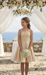 Елегантна къса официална детска рокля Лара с асиметрично деколте в златисто