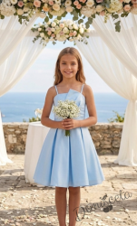 Елегантна къса официална детска рокля Лара с асиметрично деколте в светлосиньо